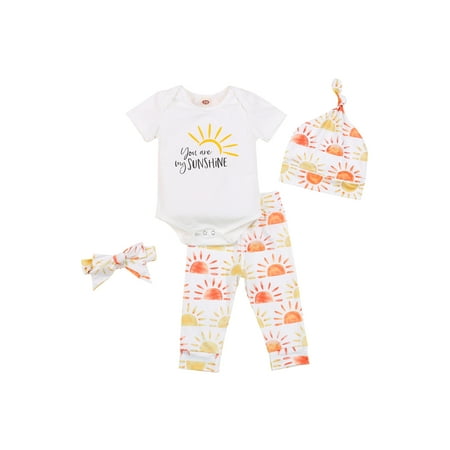 

Baby Boy Girl Clothes Set Short Sleeve Romper Pants Headband Hats 4Pcs Outfits