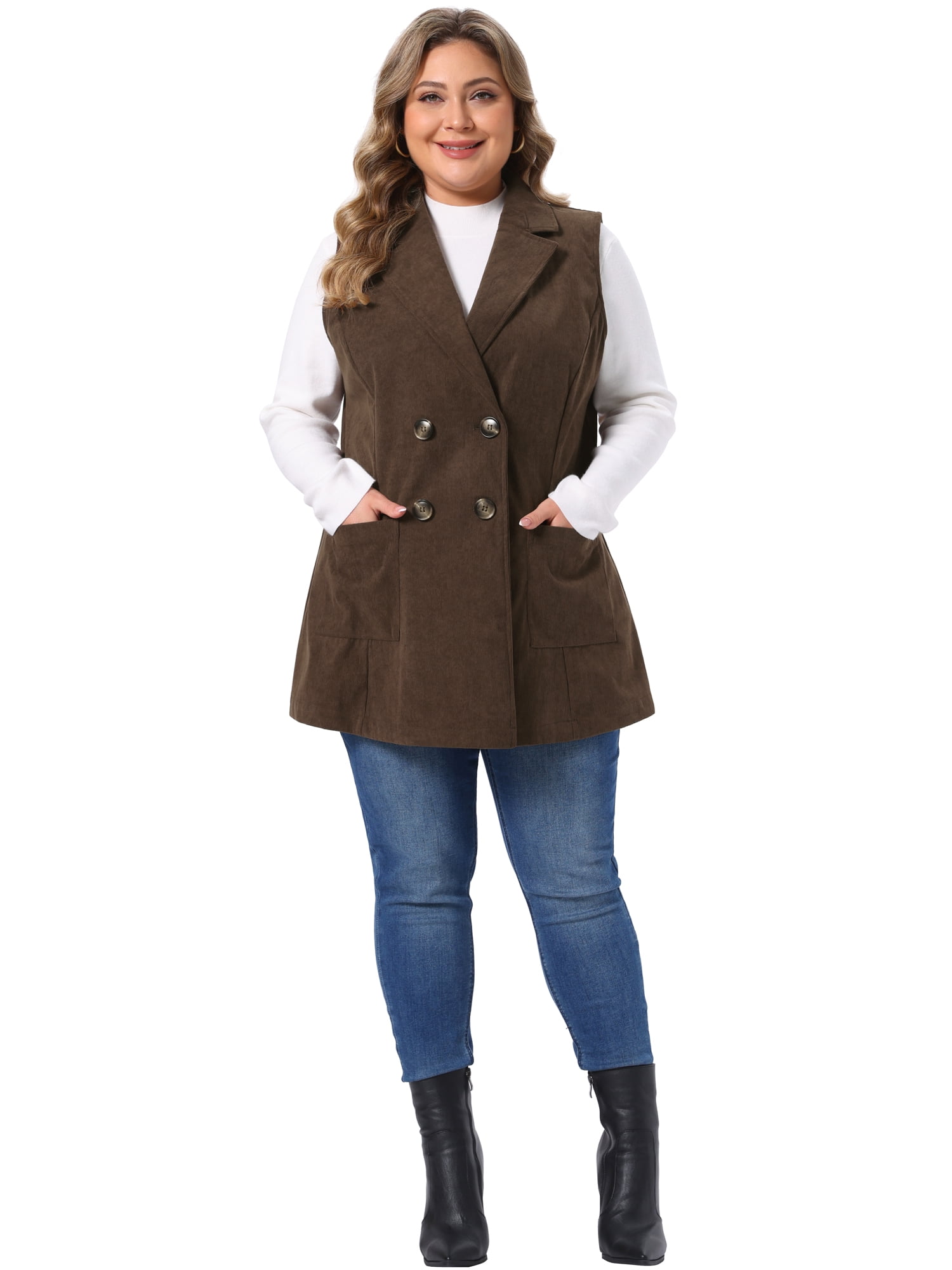 DARING DIVA Women's Plus Corduroy Lapel Sleeveless Pocket Vest 4X Dark Brown