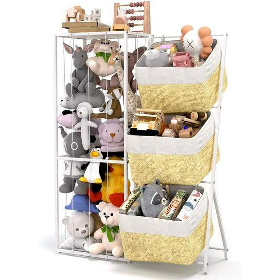 Toy Storage, Toy Organizer, Large Toy Storage Organizer with 1 Shelf and 3 Storage Bins, Stuffed Animal Storage for Kids Room, Bedroom, Playroom, Nursery