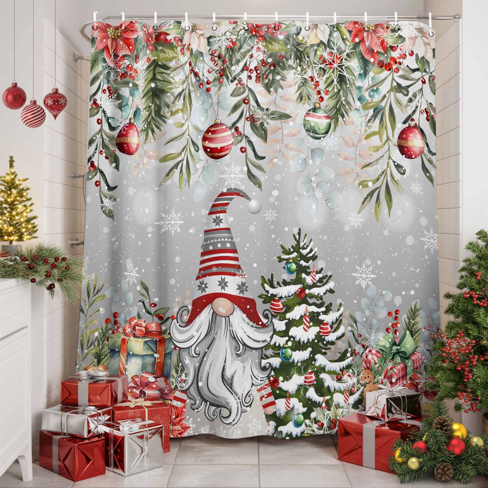 Christmas Santa Snowman Bathroom Shower Curtain Set – Waterproof Polyester, 12 Hooks Included