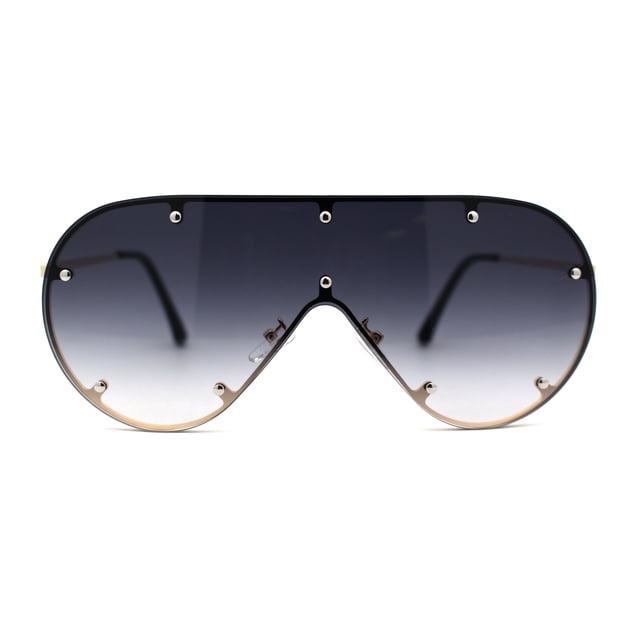 Metal Stud Brow Line Flat Top Rimless Shield Racer Sunglasses Gold Smoke