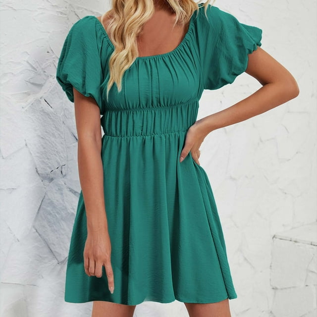 Stock Limité, Robe Mini à Manches Courtes Unie d'Été pour Femmes, Robe Mini Simple à Manches Courtes Unie d'Été pour un Confort Décontracté Coupe Décontractée/100 % Polyester, Vert, Sopatenor