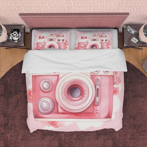 Lovely Retro Camera Juego de Funda Nórdica Baby Pink Bedding, Girly Bedroom Set, Cute
