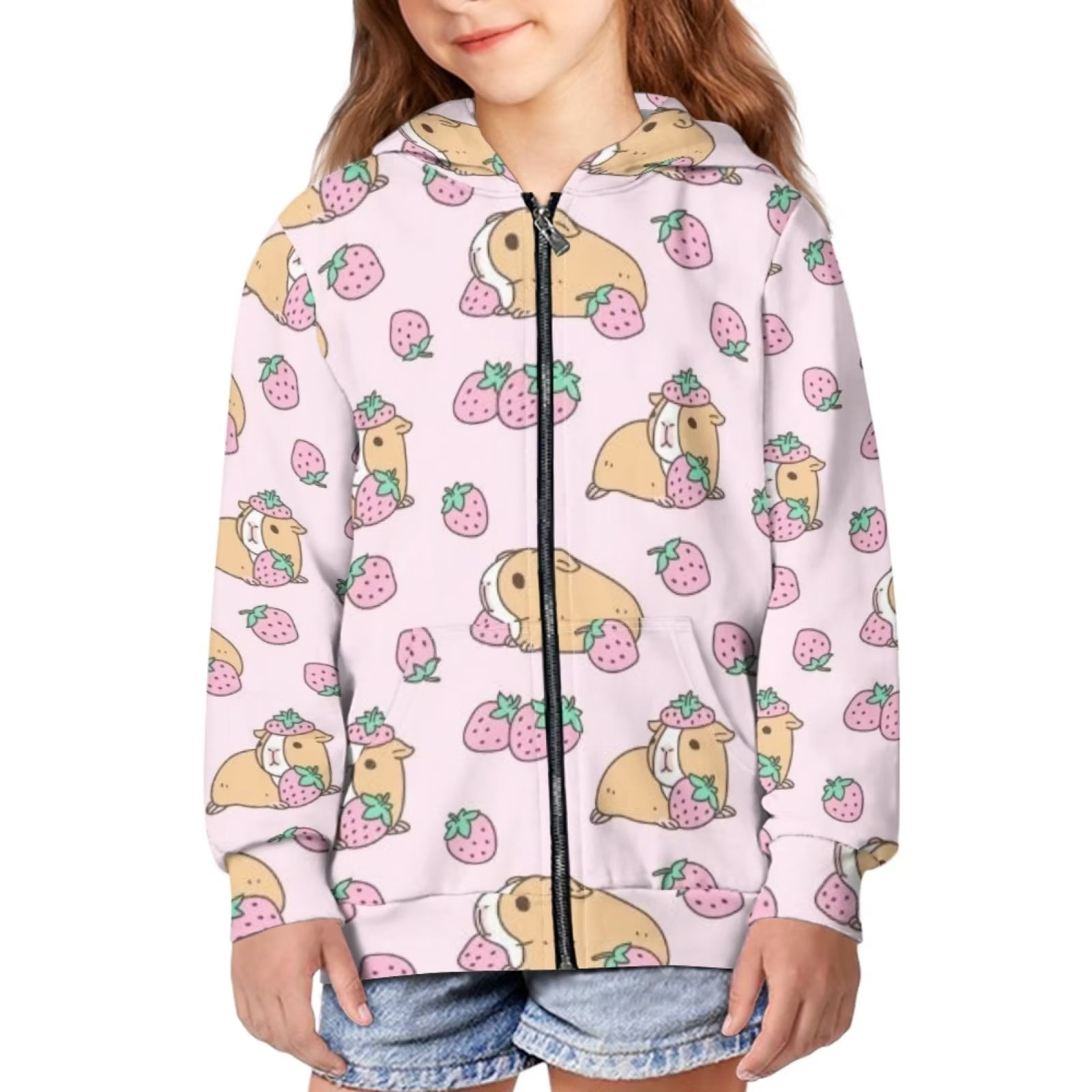 FKELYI Strawberry Cavy Zipper Hoodie Graphic Size 14-16 Years Stretchy ...