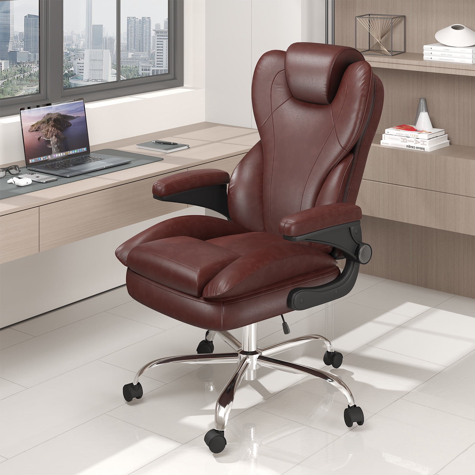 E-motie Home Office Chair with Flip-up Arms, Adjustable High Back Chair, Quiet Nylon Wheels, Brown