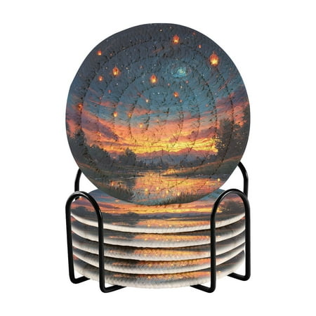 

6-Pack Polyester Coil Coasters with Holder - Heat-Resistant (140℃) Non-Slip & Durable，Sunset Sky