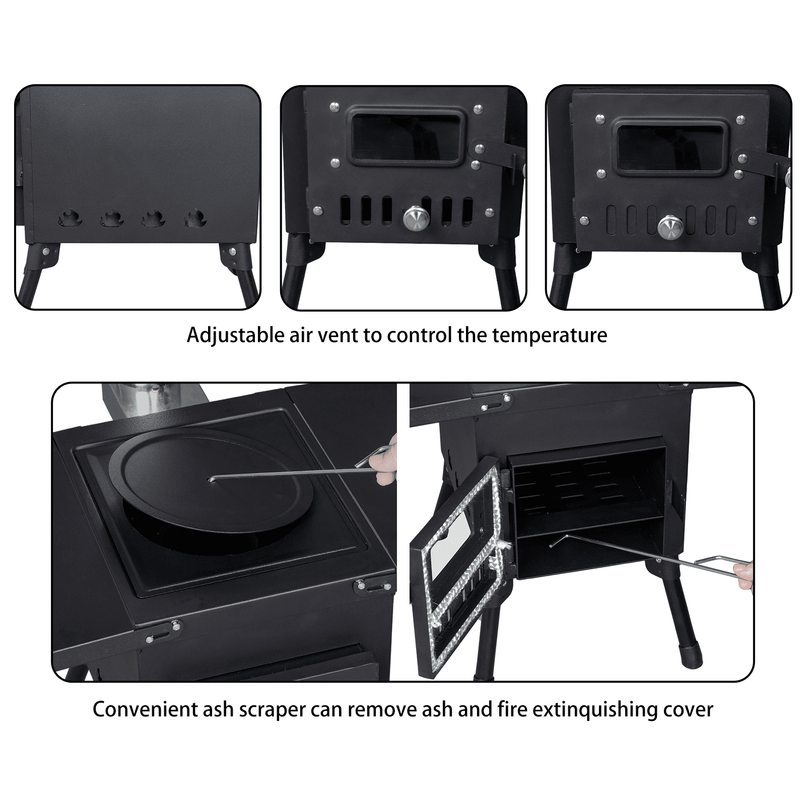 Portable Wood Burning Camping Stove - Collapsible Tent Stove with Chimney Pipes, Fire Blanket & Gloves - 50,000 BTU Heater/Cooker for Tents, Hunting, Ice Fishing - Black Steel (22.6" x 12.2" x 14.6")