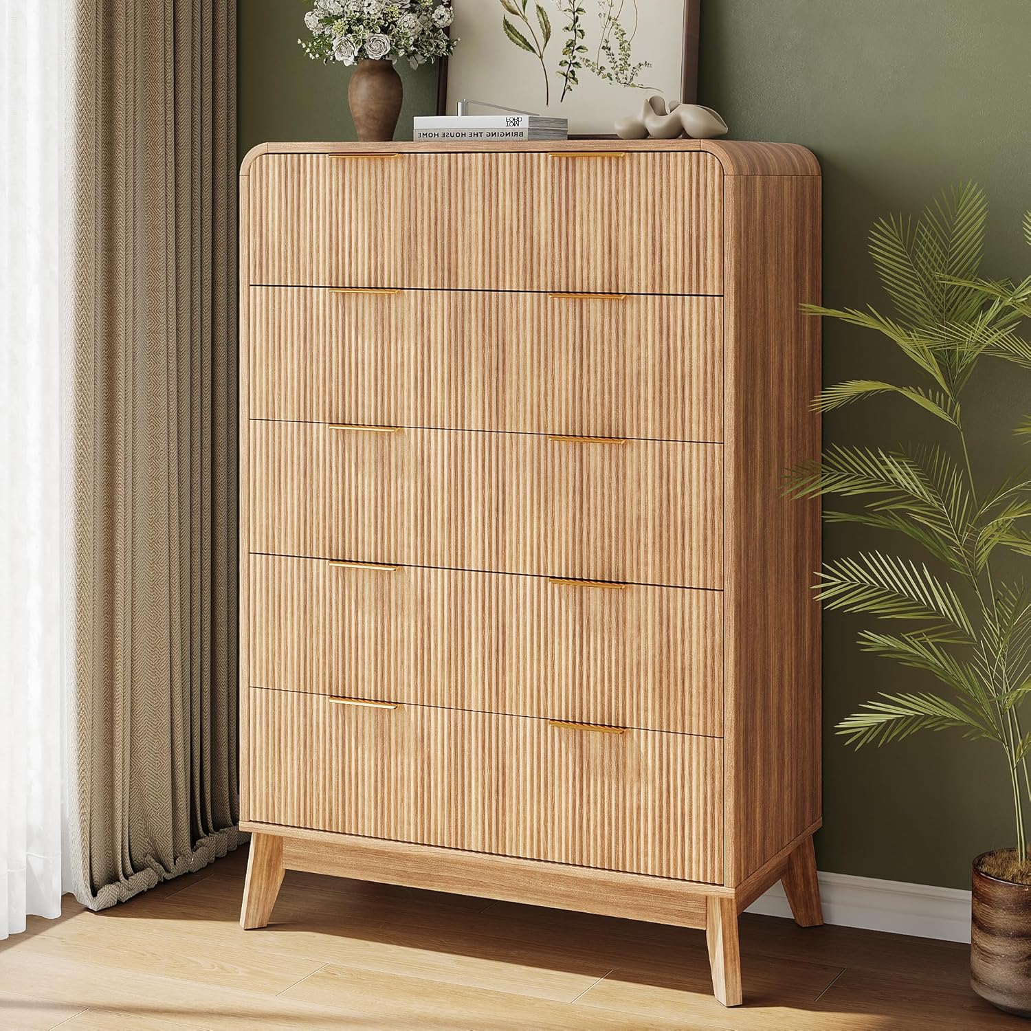 Akaber Tall Dresser, 5 Drawer Dresser for Bedroom, Fluted Dresser with Curved Profile, Organizer Storage for Living Room Entryway