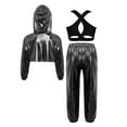 thumbnail image 2 of inlzdz Kids Girls Jazz Hip Hop Dance Outfits Metallic Long Sleeve Hoodie Sport Vest And Sweatpants Dancewear Black 8, 2 of 6