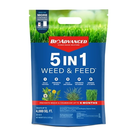 BioAdvanced 5 In 1 Weed & Feed, Granules, 9.6 lb, Covers 4,000 SQFT