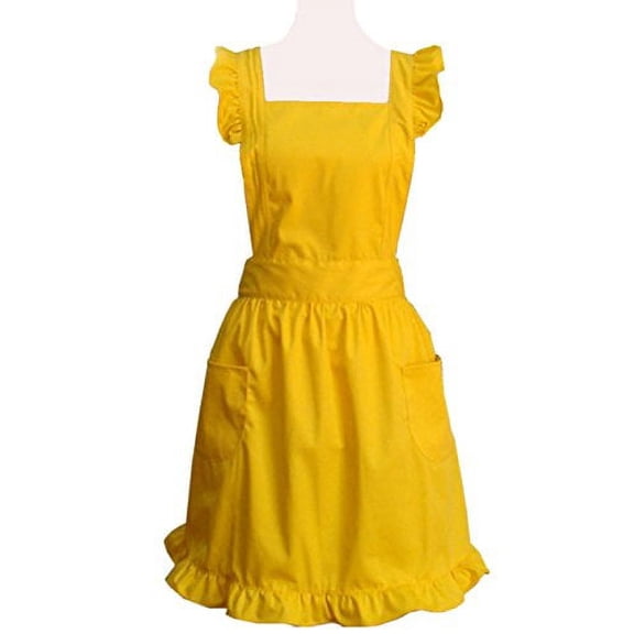 Hyzrz Lovely Yellow Handmade Cotton Retro Aprons for Women Cake Kitchen Cook Apron with Pockets for Gift