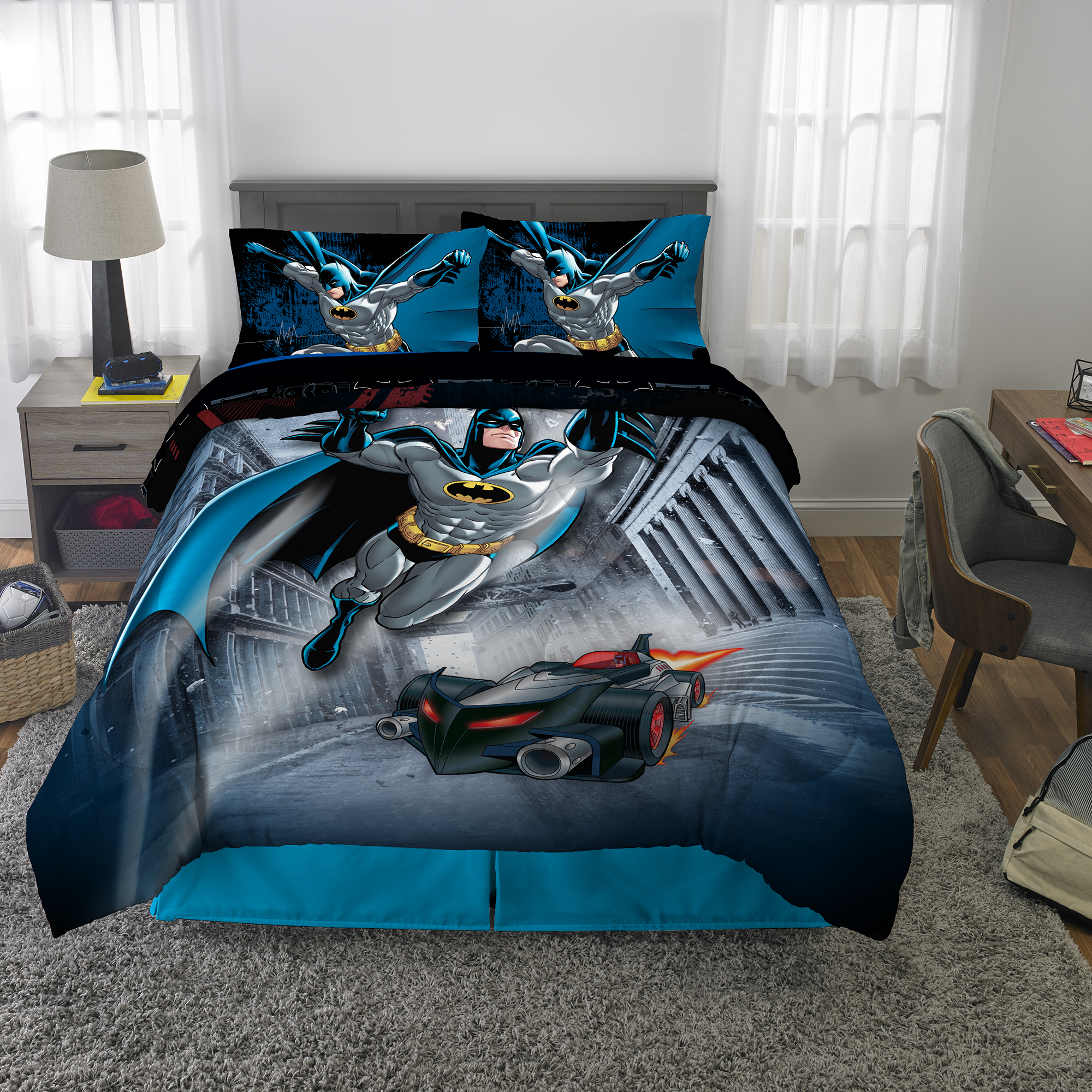 DC Comics Batman Bed in a Bag Bedding Set, Soft Microfiber, Gray/Blue