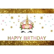 ABPHOTO Polyester Baby Girl's Unicorn Party Photo Booth Background Flowers Stars Eyelash Sparkling Gold Edges Kids Happy Birthday Backdrop 7x5ft
