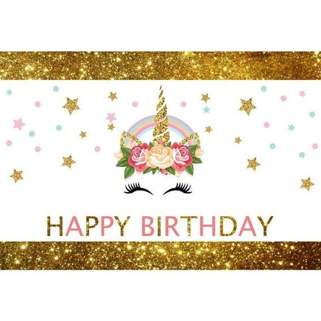 ABPHOTO Polyester Baby Girl's Unicorn Party Photo Booth Background Flowers Stars Eyelash Sparkling Gold Edges Kids Happy Birthday Backdrop 7x5ft