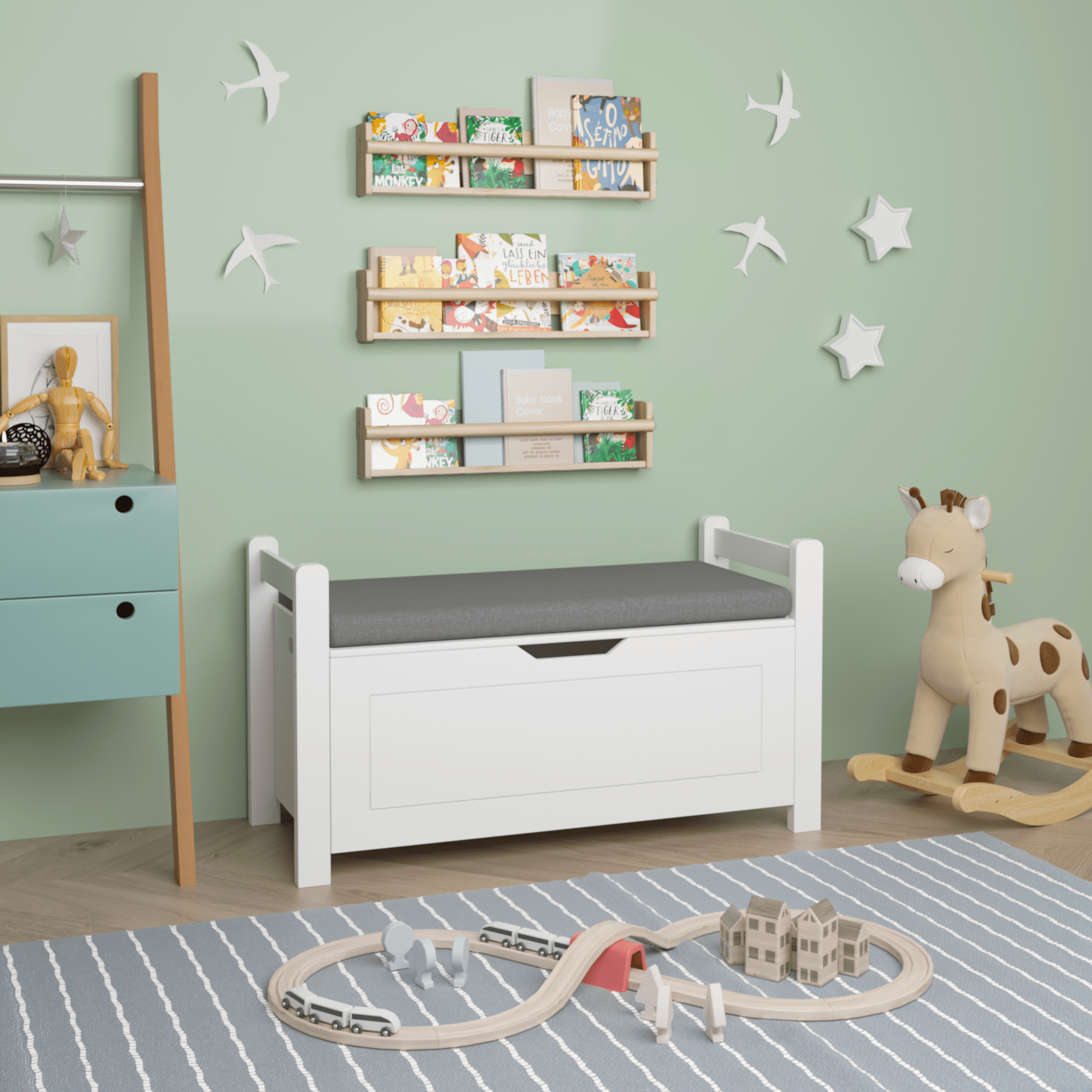 White Toy Box, Seizeen Toy Storage Organizer for Kids, Wooden Toy Chest for Kids Capacity 150 lbs, Entryway Bedroom Storage Bench Trunk for Toy Clothes W/Safety Hinged Lid, Cushion