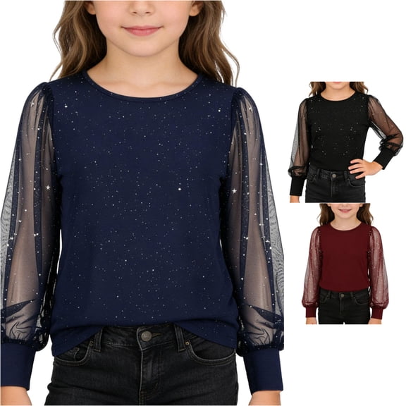 ZHOGXU Kids Girls Dressy Glitter Blouse Long Sleeve Round Neck Sequin Sheer Mesh Fashion Shirt Top For Holiday Party ,Blue,9-10 Years
