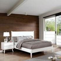 Mid-Century Modern White California King Size Bed 2x Nightstands 3pc Bedroom Set Slats Solid wood Recessed Drawer Handles