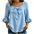 thumbnail image 2 of Mifsaly Womens Square Neck Blouses Front Bow 3/4 Ruffle Bell Sleeve Tops Lightweight Textured Loose Fit Dressy Casual Work Linen Blouse Light Blue,M, 2 of 5