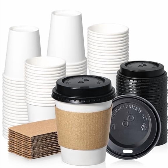 Fit Meal Prep 50 Pack 8 oz Disposable Coffee Cups with Lids, Sleeves, Leak-Proof To Go Coffee Cups with Lids, Durable Paper Cups for Hot Beverage, Home, Office, Party