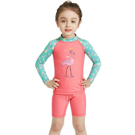 Short Sleeve Kids Wetsuit 2 Pcs/set Kids Girls Diving Suit Cartoon Printing UPF50 + Protection Wetsuit Pink green sleeve S ()