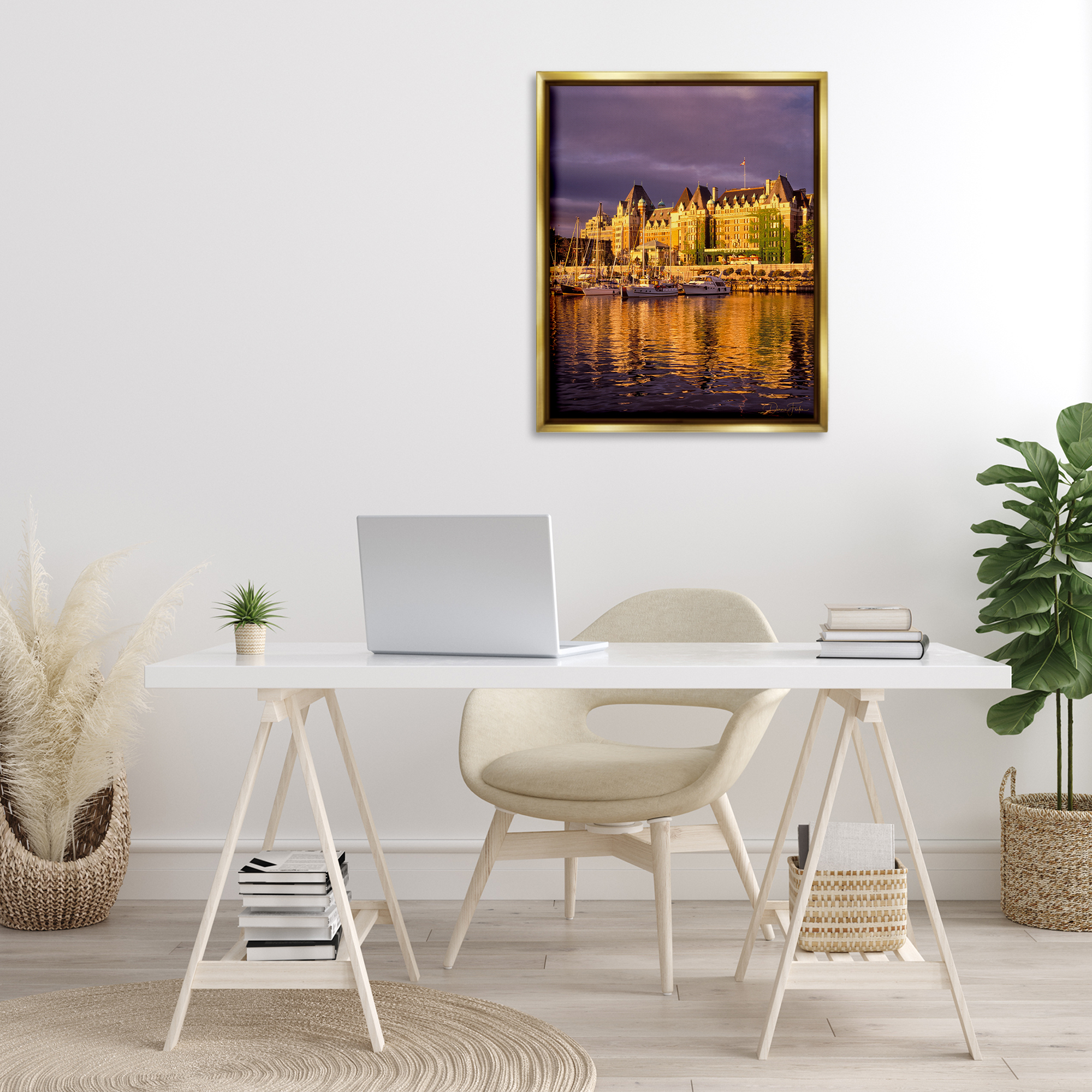 Stupell Industries City Boat Harbor Town & City Photography Gold Floater Framed Art Print Wall Art, 25 x 31