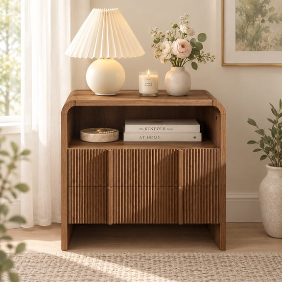 Modern Nightstand with 2 Drawers and Open Shelf, Fluted Bedside Table with Curved Profile for Bedroom and Living Room