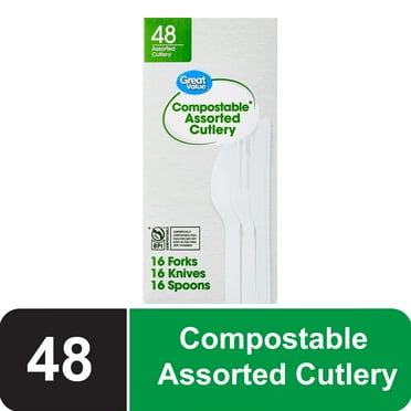 Great Value Disposable Compostable White Cutlery Set, 48 Count Includes 16F/16S/16K