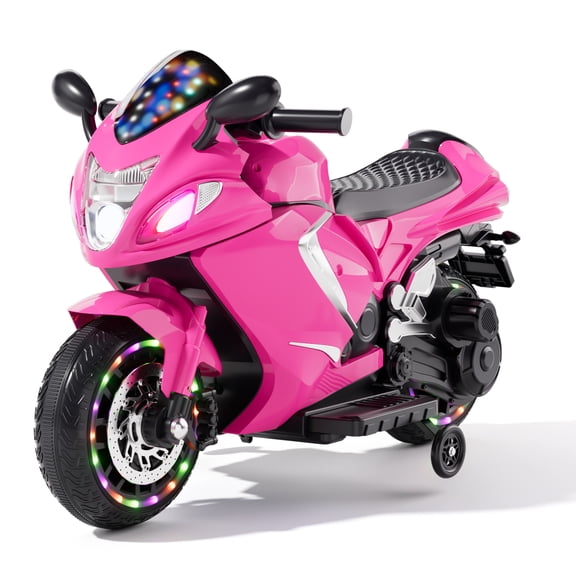 Xuanlur 24V Electric Motorcycle for Kids, Kids Motorcycle with Training Wheels, LED Light Up Wheels, Dual 390 Motors, Speed Up to 7 mph, Bluetooth Music, Ride On Toy for Kids 3-8 Years Old, Pink