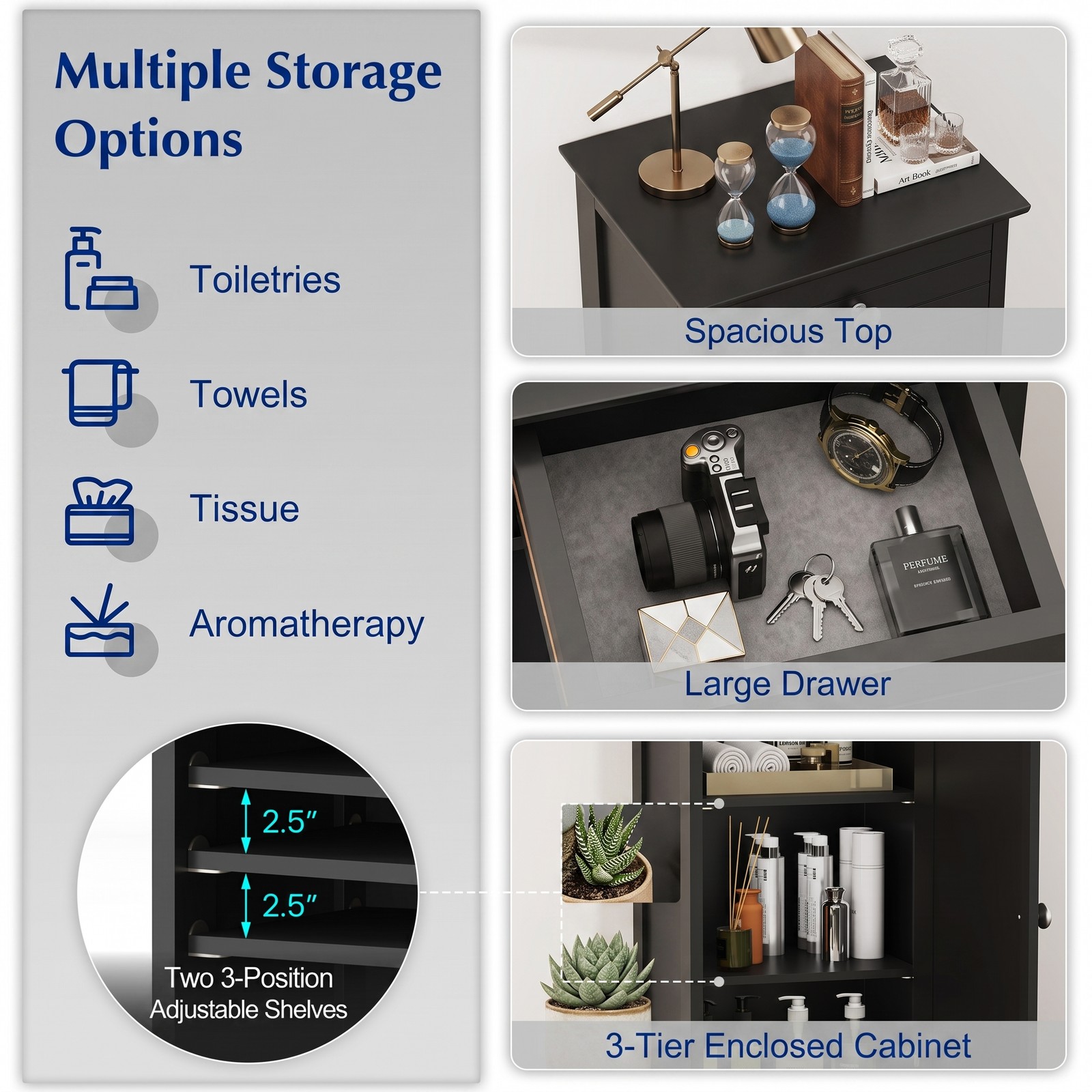 Fenbeli Free-Standing Wooden Storage Cabinet, Narrow Bathroom Floor Organizer with Drawer and 2 Adjustable Shelves, Slim Side Cabinet for Living Room Bedroom, Black