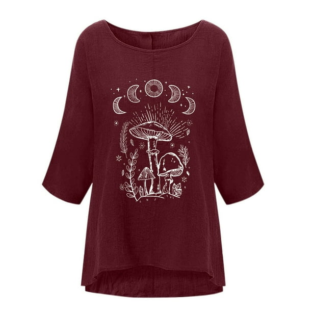Women`s Multiple Sizes Casual Classic Smooth Printing 3/4 Sleeve Polyester  Top Blouse Shirt(Wine,S) 