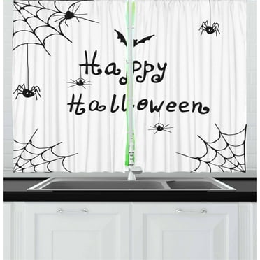 Ambesonne Halloween Kitchen Curtains, Black Happy Spooky Season, 55"x39", White Black
