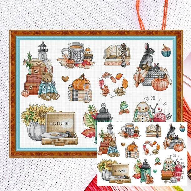 Kit Punto Cruz Otoño Contado Hilo Algodón Ecológico Bordado Parcial 59x43cm