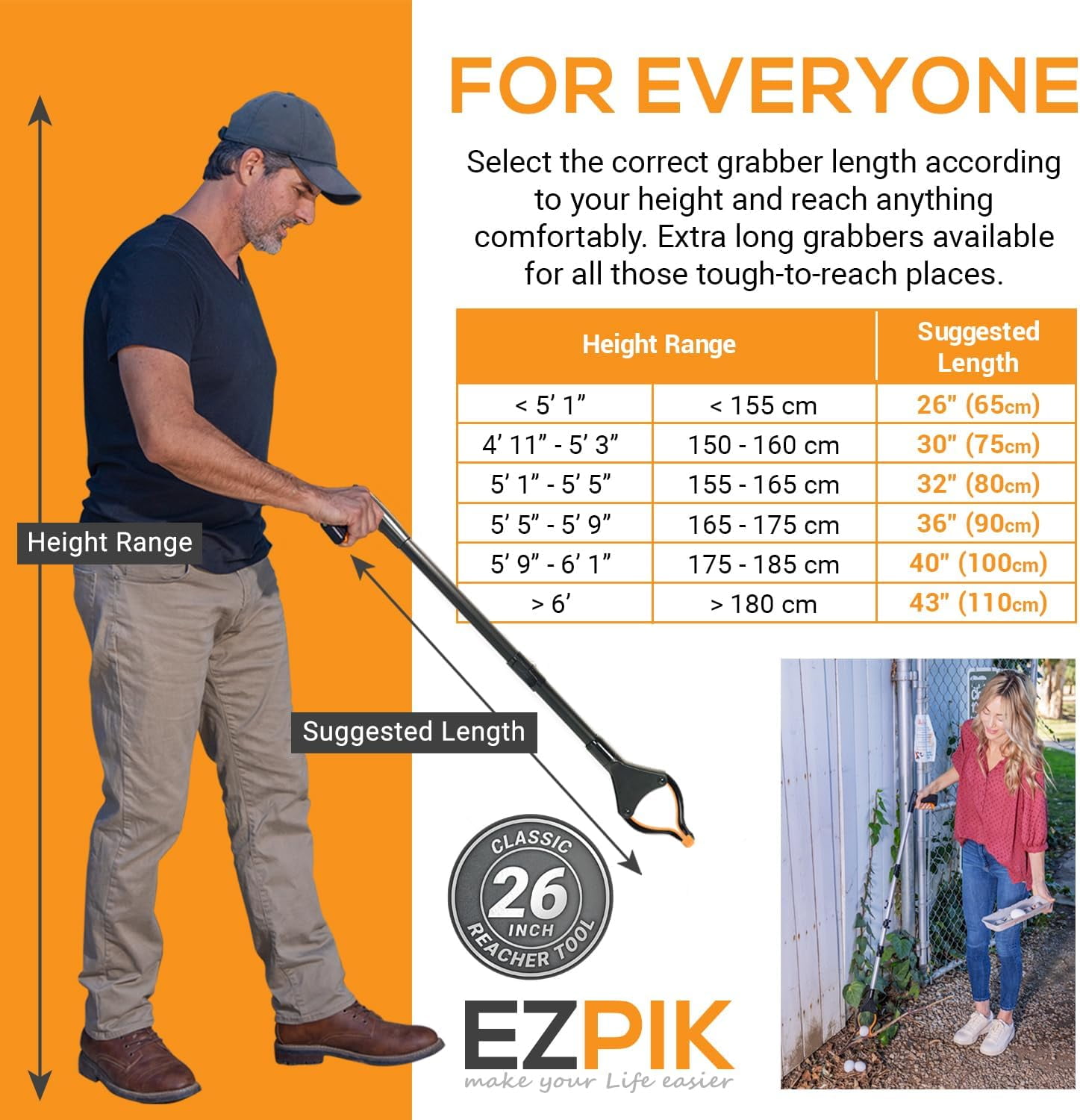EZPIK Grabber Reacher Tool for Seniors, 26" Rotating Head Magnetic Reaching Aid – Classic Silver