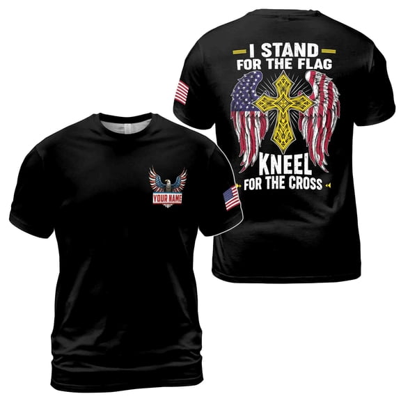 Custom Name I Stand for The Flag Kneel For The Cross American Eagle Vet 3D T-Shirt S-5XL
