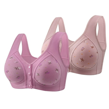 Sentmoon 2PC Front Closure Bras for Women Oversize No Underwire Women Sports Bras Comfortable with Button Print Lift Seamless Push up Bra Ladies Fashion for Dating Outfits Pink 46
