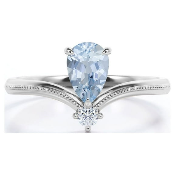 JeenMata Milgrain Border - 1 Carat Pear Cut Deep Blue Created Aquamarine and Moissanite - V Shaped Double Stone Engagement Ring - 18K White Gold Plating over Silver