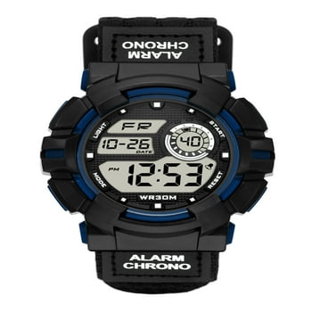 George Men's Digial Watch with Black and Blue Round Case, Black Dial with Positive Display and Black Nylon Fast-Fit Strap.