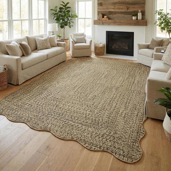 8x10 Scalloped Braided Print Farmhouse Area Rug, TPR Non Slip Washable Low Pile Popular Size Living Room Bedroom Carpet,Beige