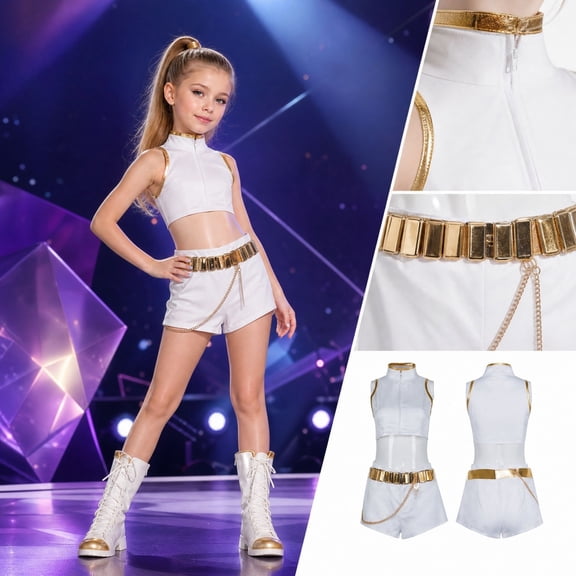 Halloween Singer Costume - Gi"rl"s Popular Star Fancy Dress Cosplay Costume, White & Gold Sleeveless Crop Top and Shorts with Wide Gold Chain Belt for Halloween Night, Size:110