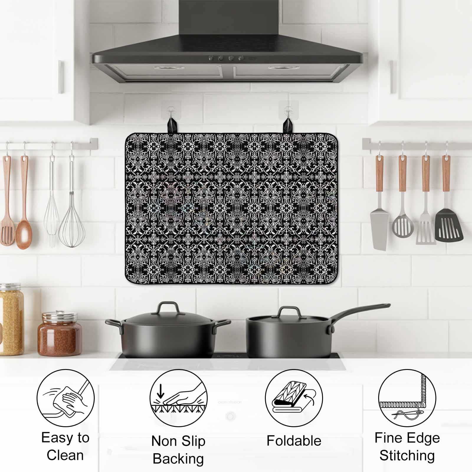 Black and White Stove Top Cover for Electric Stove, Heat-proof & Non Slip Glass Top Stove Cover Protector, Modern Moroccan Geometric Abstract Art Kitchen Flat Cooktop Rubber Mat 24x21 Inches