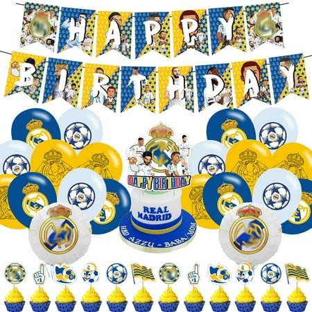 Madrid Soccer CF PriNst Soccer Theme Party Supplies with Happy Birthday Banner, Cake Topper, Cupcake Toppers, Foil Balloons for Fans Adults Party Favors
