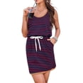thumbnail image 2 of Summer Sleeveless Women Striped Printing Crewneck Casual Drawstring Dress with Pocket, 2 of 6