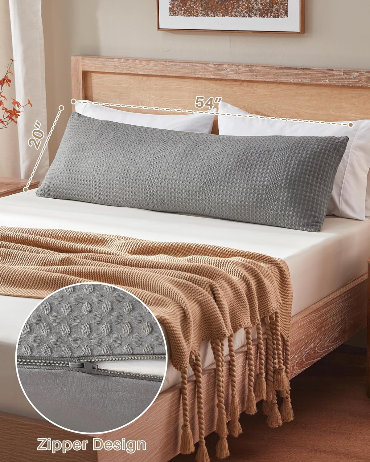 Nalqet Waffle Textured Decorative Lumbar Pillow 20x54 inch – Soft Polyester Long Throw Pillow for Sofa, Bed & Couch, Grey