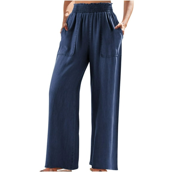 LEBONYARD Sweatpants for Women Plus Size with Pockets,Plus Size Womens Pants with Pockets,Women's Solid High Waist Print Pants Wide Leg Pants Casual Loose Pants Blue S