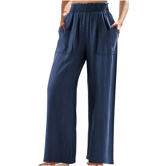 JURANMO Elastic High Waist Pants for Women Comfy Cotton Summer Pants Casual Loose Wide Leg Trousers Solid Color Holiday Pants with Pockets Deals of the Day Navy XXL