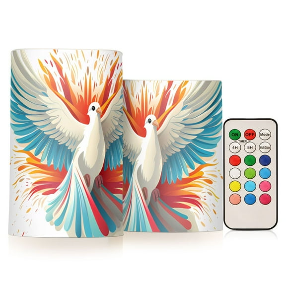 Bird Wings Feathers Fire Flameless Candles LED Lights Battery Operated Candles with Remote and Timers Flicker Lights Votive Set of 2
