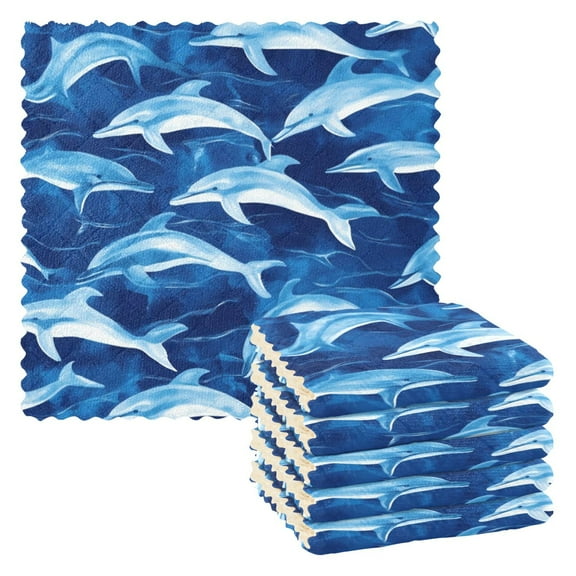 6 Pieces of Kitchen Towels 11x11Inch Kitchen Dish Cloths Kitchen Dish Towels Reuseable Cleaning Cloths Blue Dolphin Cute