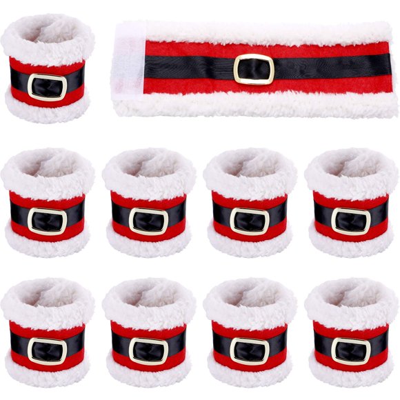 Leinuosen 10 Pieces Christmas Napkin Rings Holders Napkin Band with Santa Belt Design for Party Dinner Table Decoration