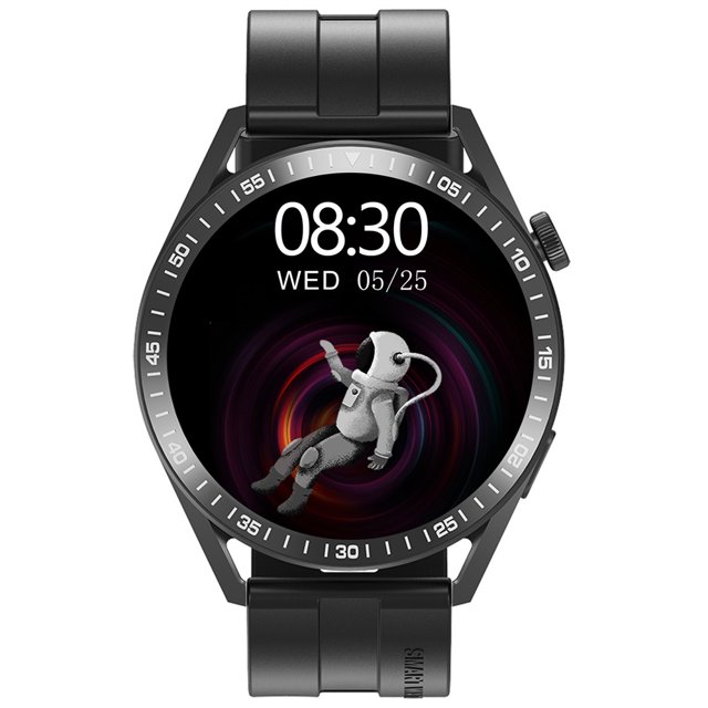 pantalla redonda smart watch activity tracker monitoreo health watch (negro) smartwatch negro con esfera redonda frontal que muestra 08:30 y fecha, bisel marcado en minutos, correa de silicona negra y botón lateral; también adecuado como wearable compacto para seguimiento de ejercicio y notificaciones.