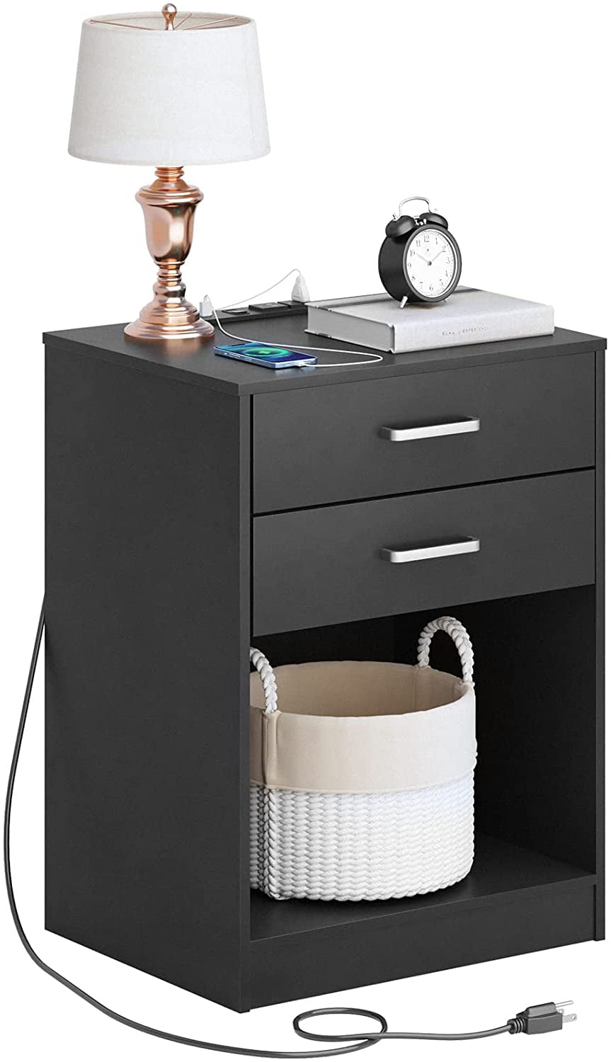 ADORNEVE Black Nightstand with Charging Station 2 Drawers, Bedside